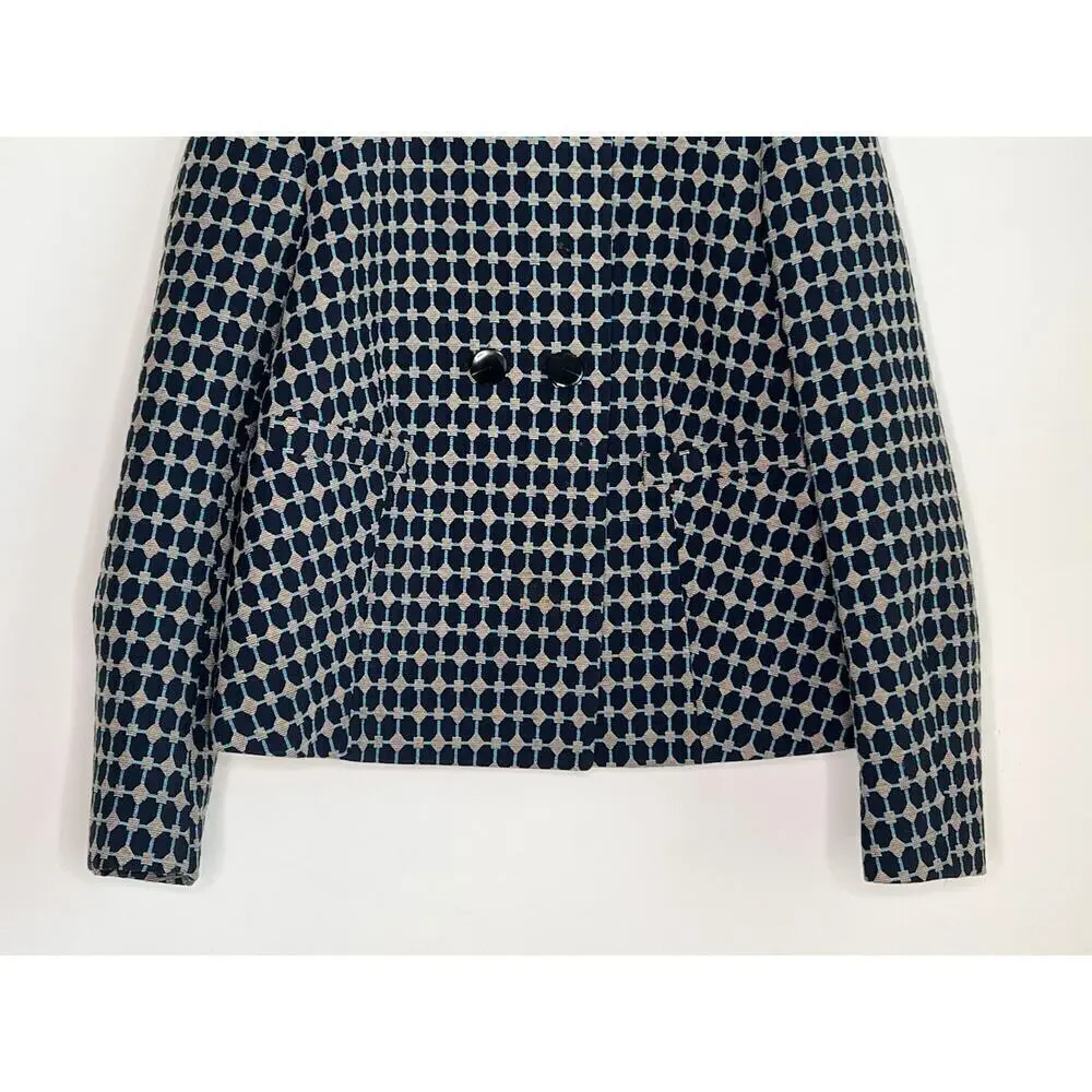 Tara Jarmon Geometric Print Long Sleeve Double Breasted Jacket Navy Women's 38